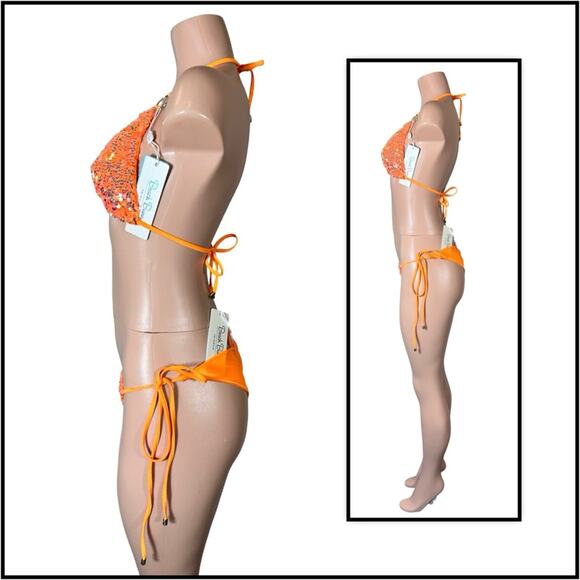 Beach Bunny Orange Icon Triangle Top DD & Icon Tie Side Skimpy Bottom M $250 - Picture 4 of 12